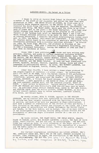 HUGHES, LANGSTON. Small archive of 4 items, each Signed, Langston, to Léo Sauvage, in green ink: Typed Letter * Two Autograph Notes *